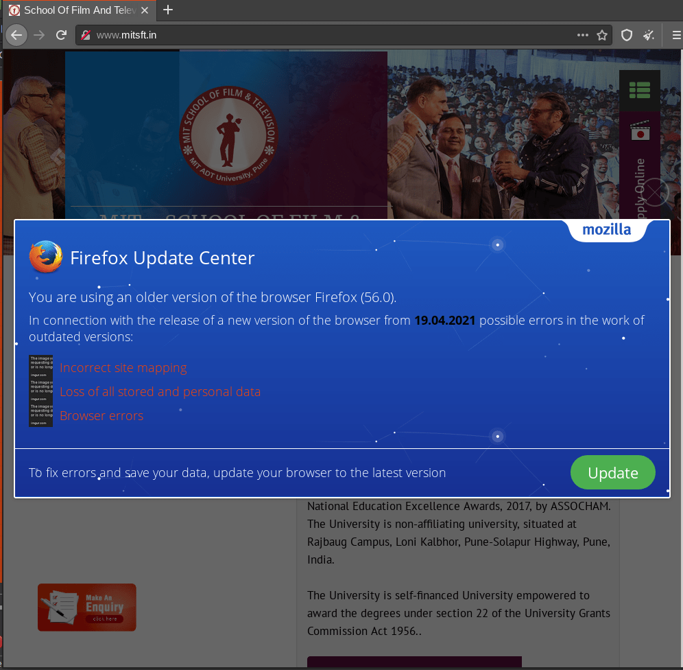 A fake window urging the user to update their browser