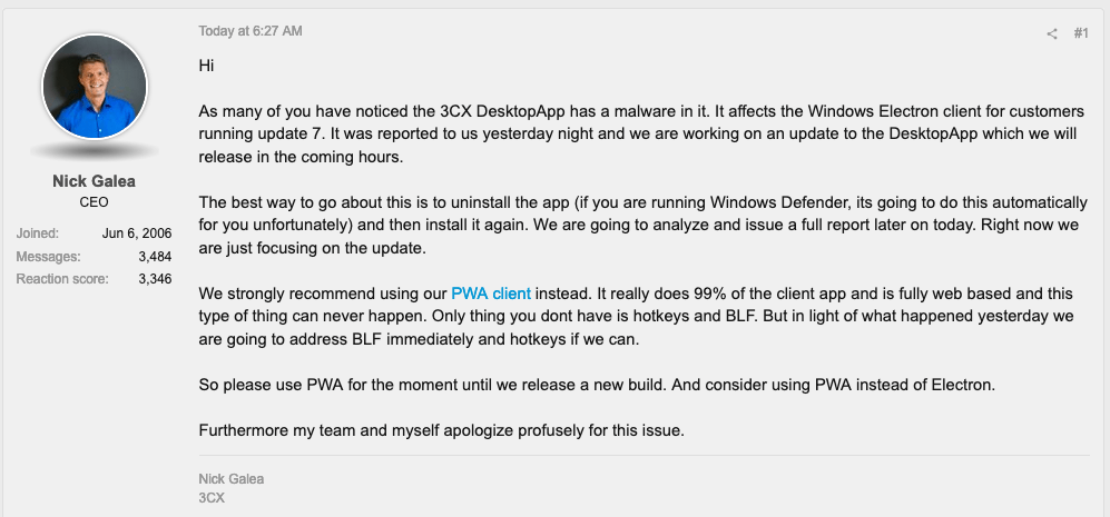 3CX's CEO message screenshot