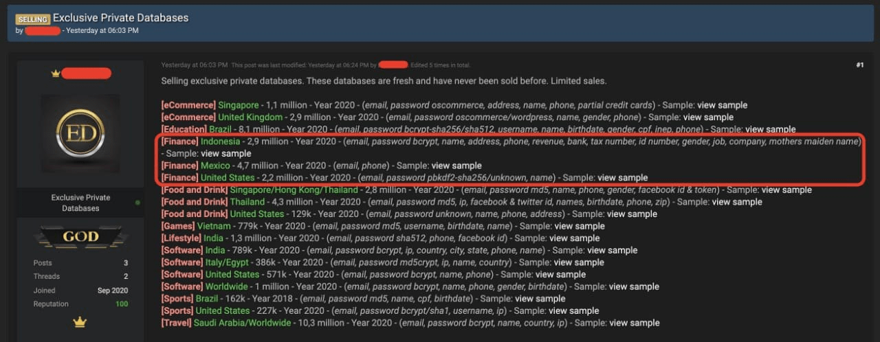 Screenshot of ExpertData's post offering for sale a set of databases posted on RaidForums