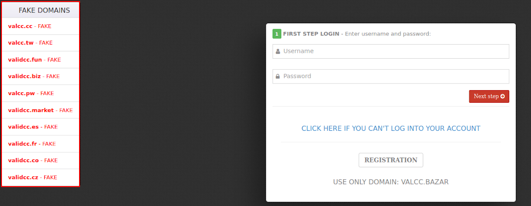 The Valcc marketplace login page