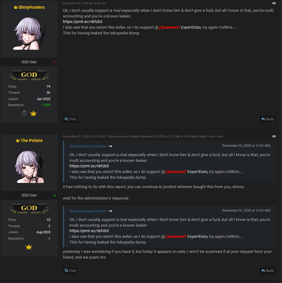 Screenshot of the dispute thread against ExpertData showing ShinyHunters standing up for the former