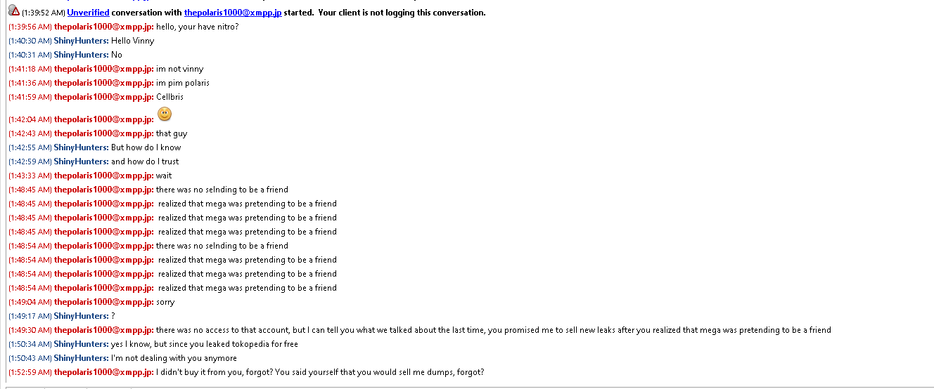 Screenshot of a chat between The Polaris and ShinyHunters in Jabber