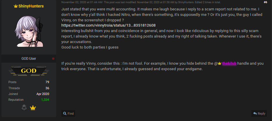 Screenshot of ShinyHunters' post