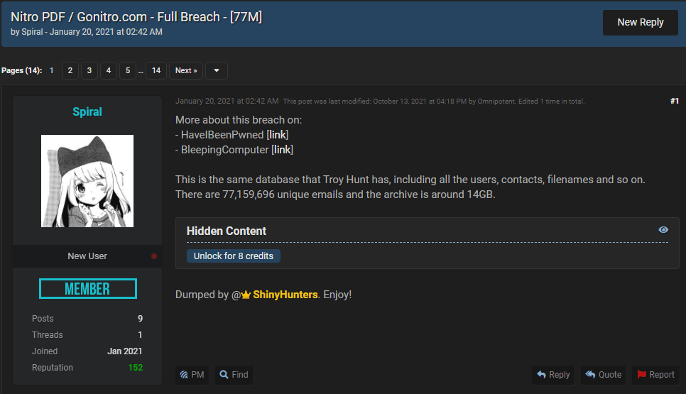 Screenshot of Spiral's post offering for sale the GoNitro dump