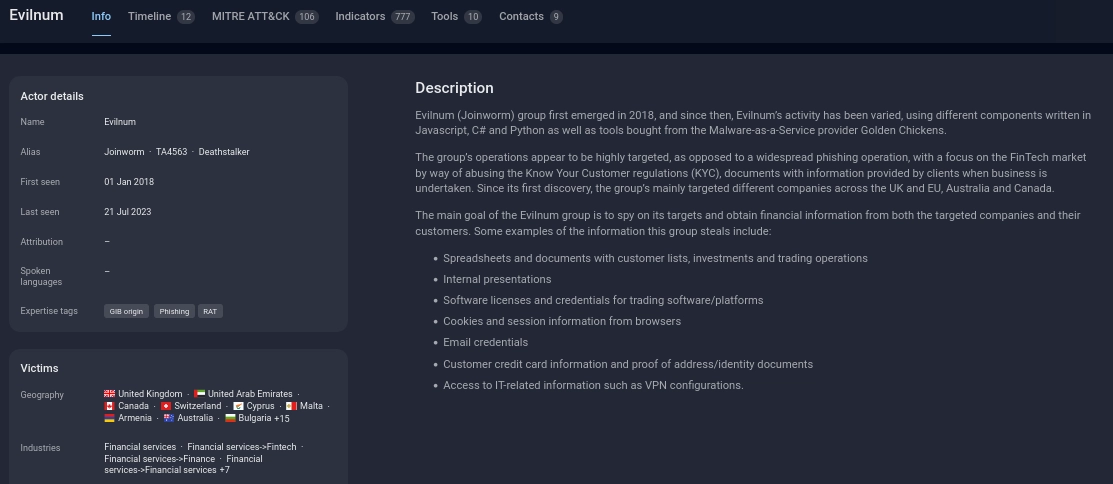 APT Evilnum profile in Group-IB Threat Intelligence portal