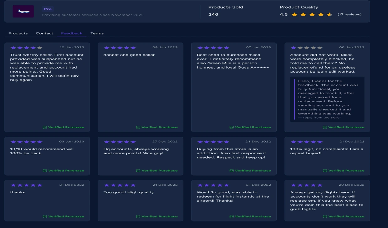 Dark web shop offering air miles with client feedback