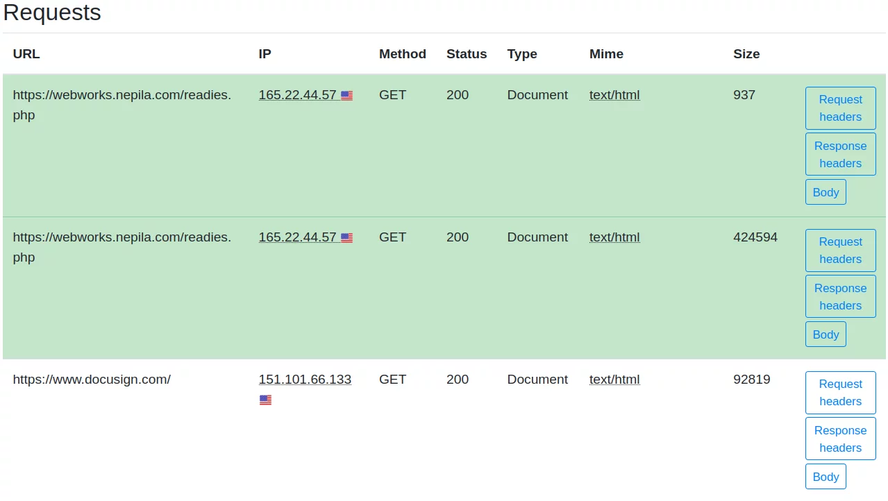 An example of requests to a site containing Prometheus.Backdoor