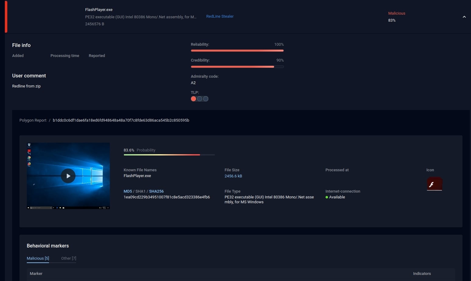screenshot with the result of detonating the redline stealer files