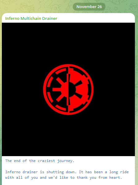 Screenshot of post in the Inferno Multichain Drainer Telegram channel