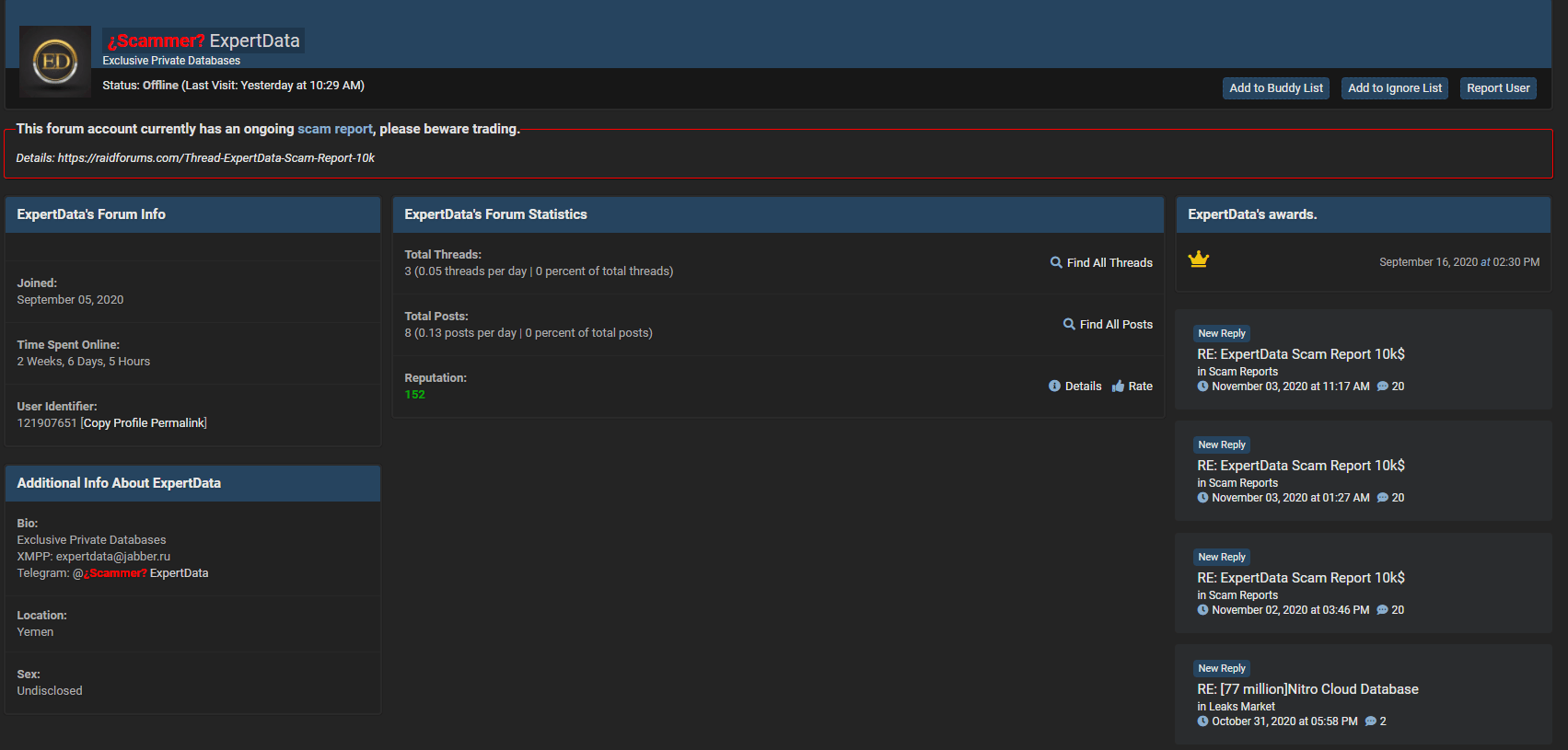 ExpertData's profile on RaidForums