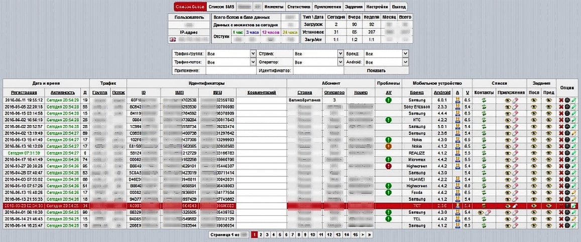 Control panel of the Tiny.z mobile Trojan