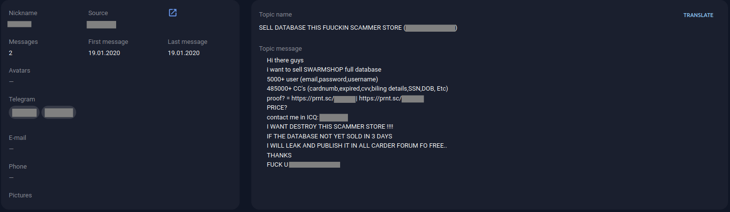 message with an offer to sell the Swarmshop database