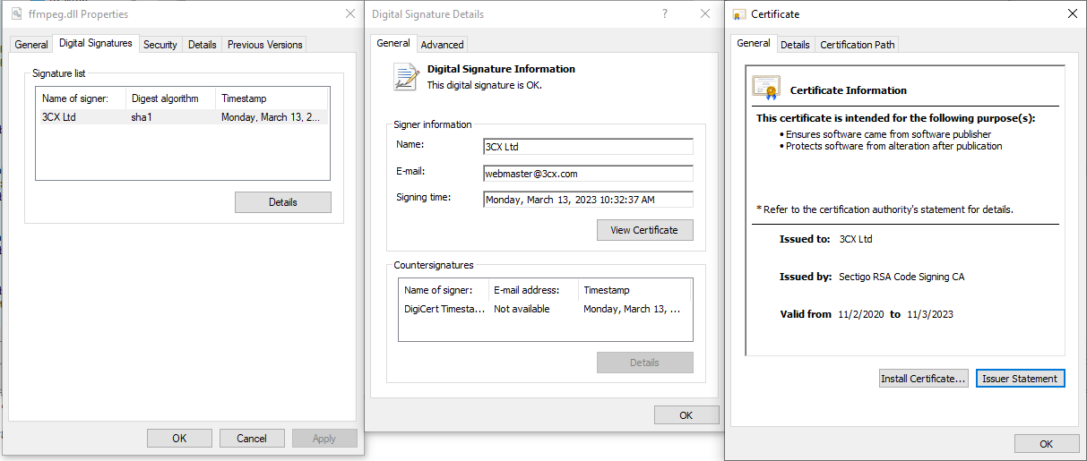Windows installer deploys ffmpeg.dll signed by 3CX Ltd