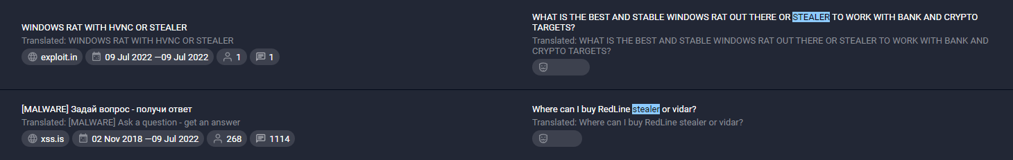 Group-IB Threat Intelligence dark web search engine detailing online enquiries for information stealers
