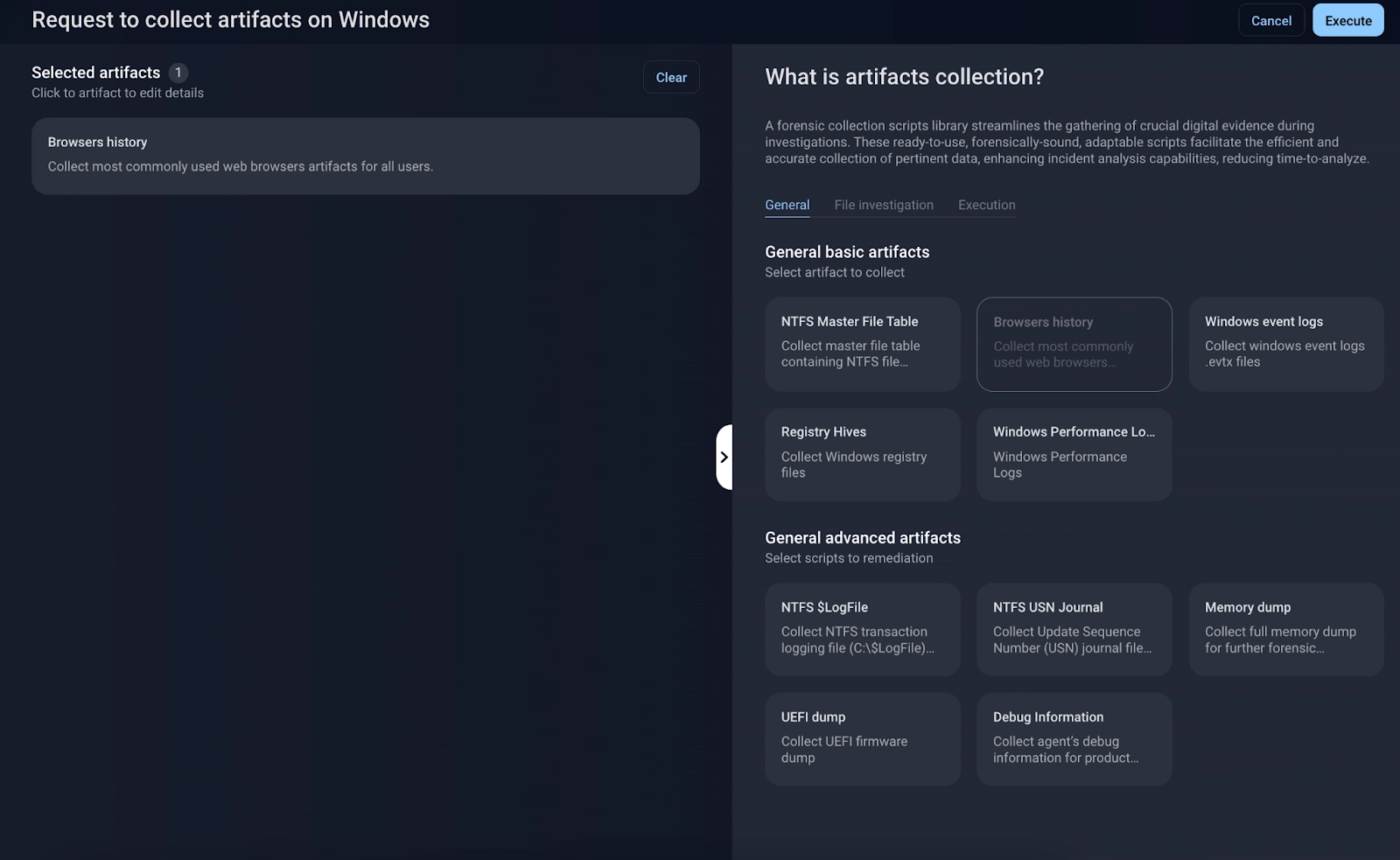 Collecting forensic data and artifacts from the host