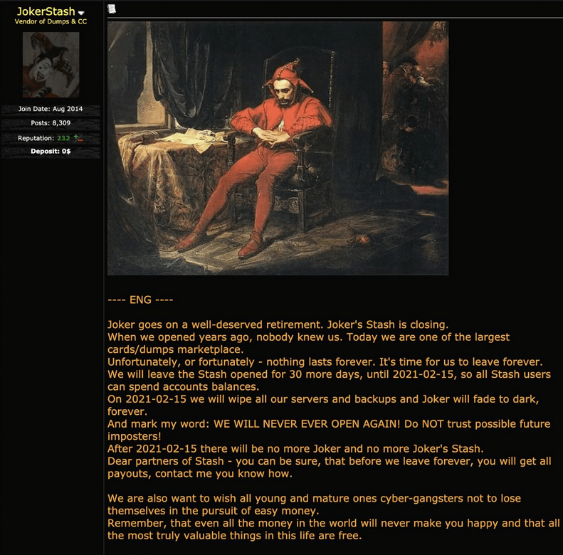 screenshot of a message from JokerStash about the resource closing down