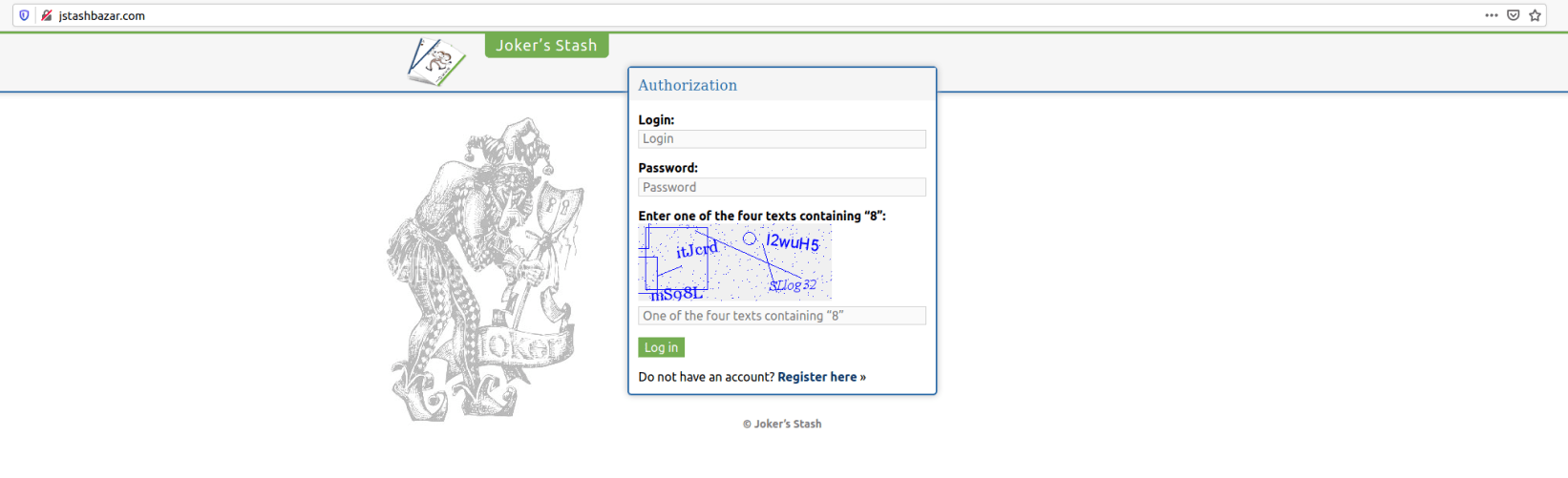 Fake Joker's Stash login page screenshot