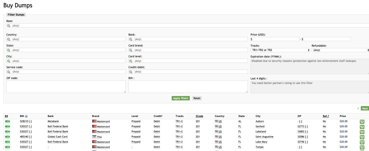 Fake Joker's Stash card database screenshot