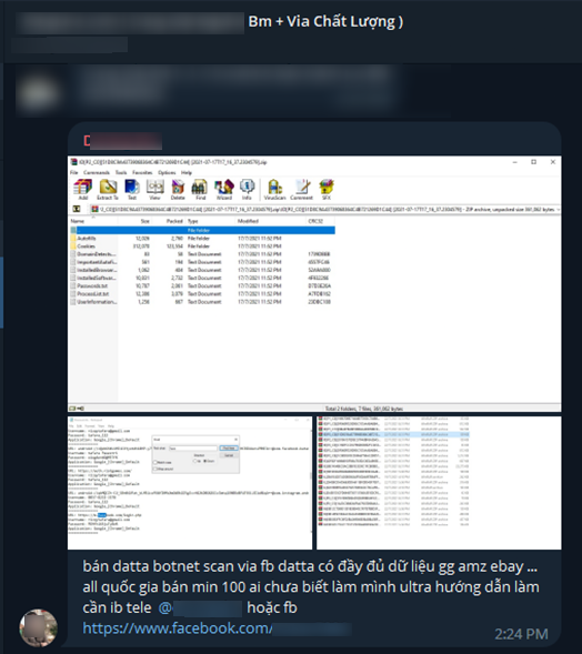 An example of an advertisement posted in Telegram by an individual offering to sell stolen cookies obtained using the VietCredCare information stealer