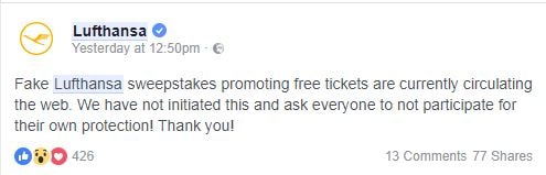 real lufthansa warning post on facebook