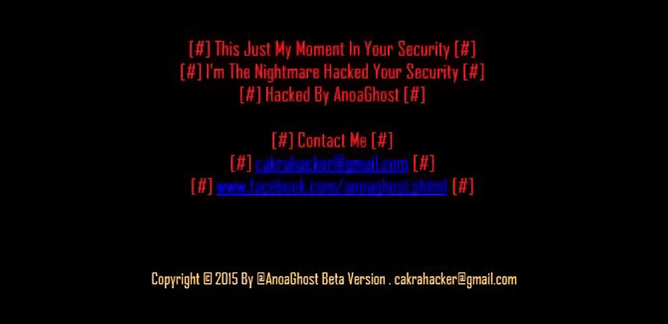 Portion of a Deface page set up by the hacker with his contact information