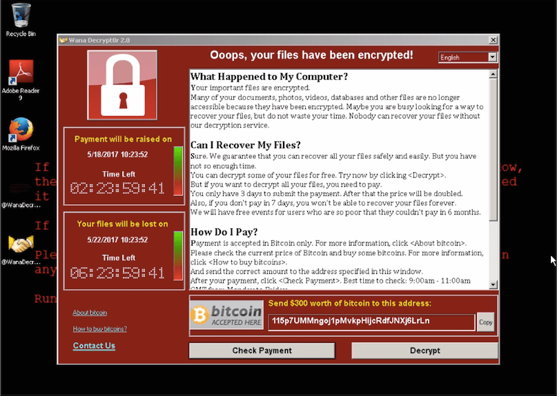 The screen of a computer infected by WannaCry