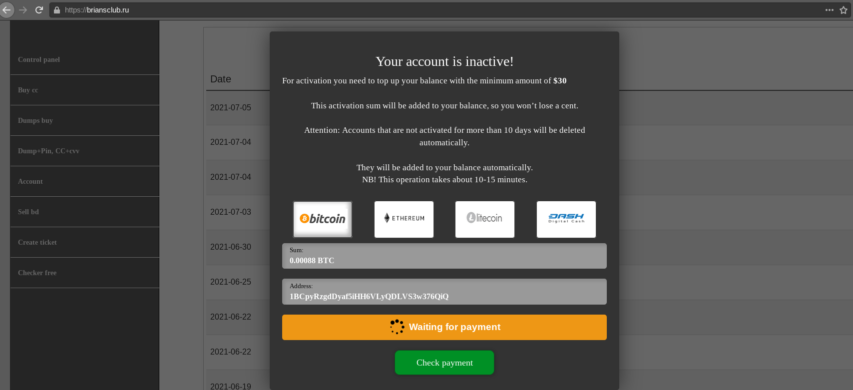 A fake BriansClub account activation system screenshot