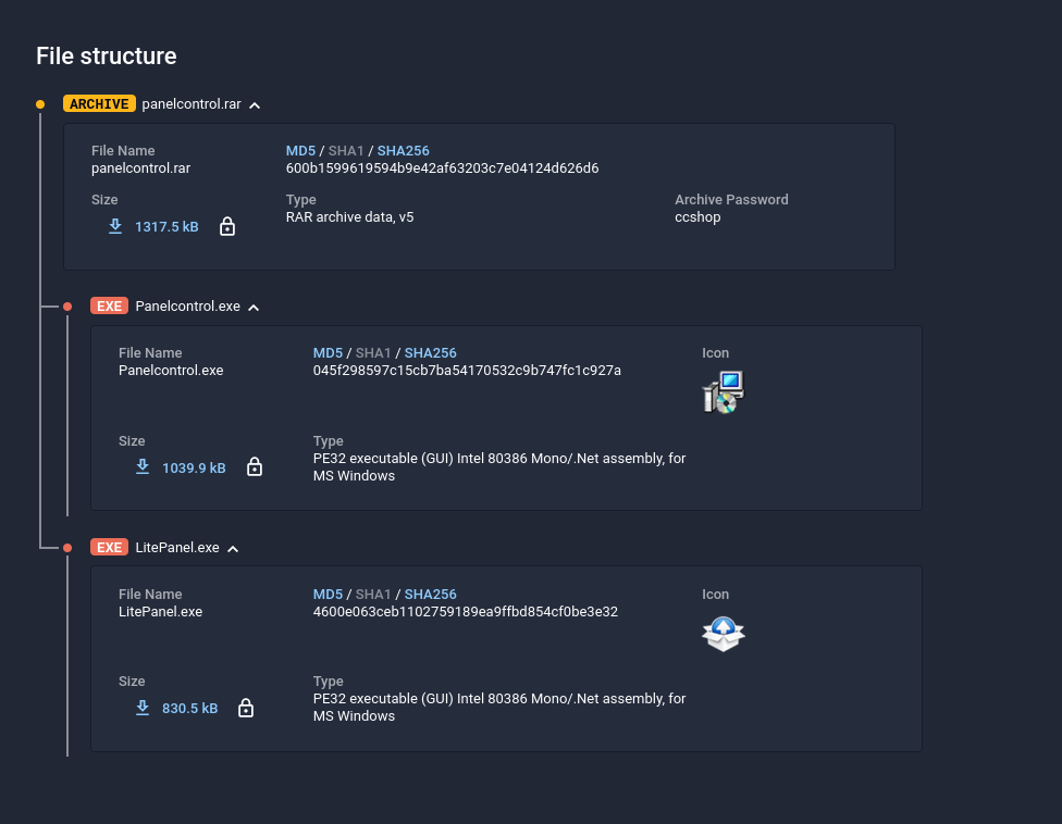 Group-IB Threat Hunting Framework detecting the "panelcontrol.rar" file structure