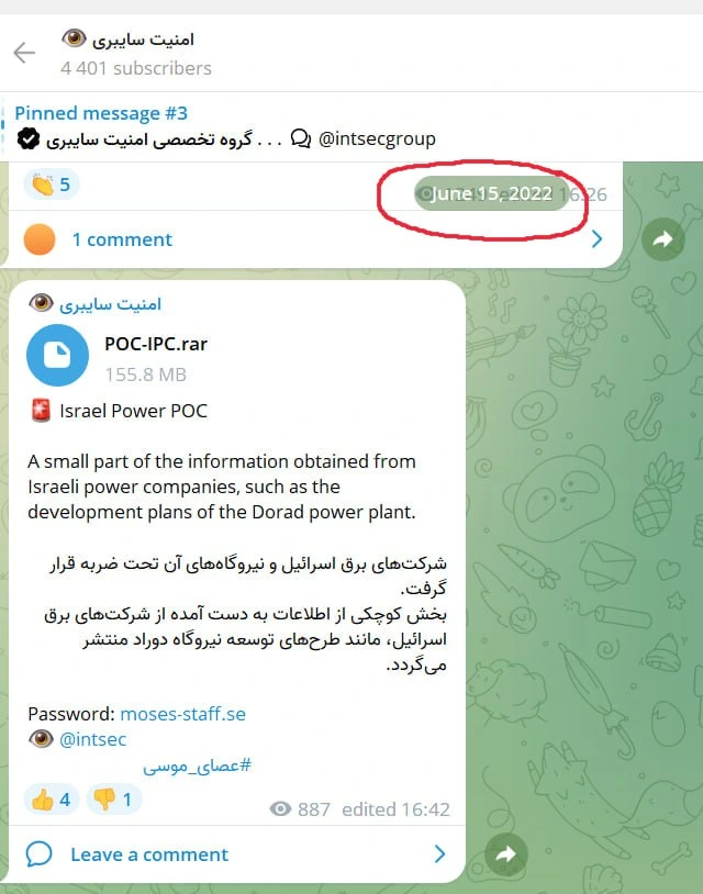 Screenshot of Telegram posts from June 2022 containing data from Dorad power plant attack