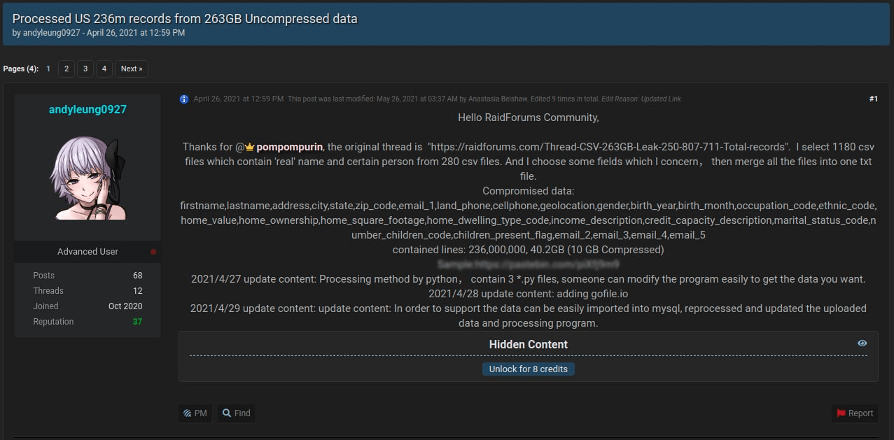 A compilation from different databases with the details of 236 million US citizens for sale