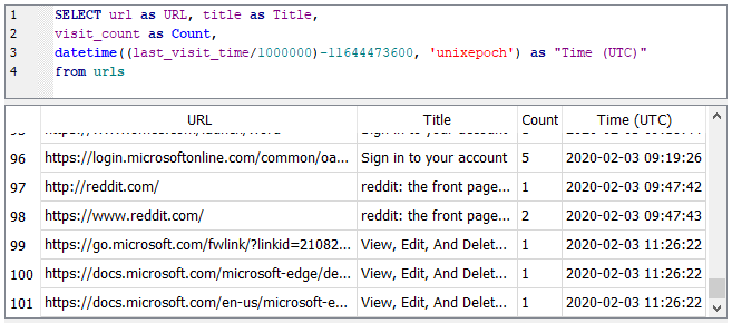 Microsoft Edge visited sites screenshot