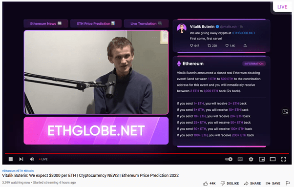 screenshot of a fake stream with vitalik buterin