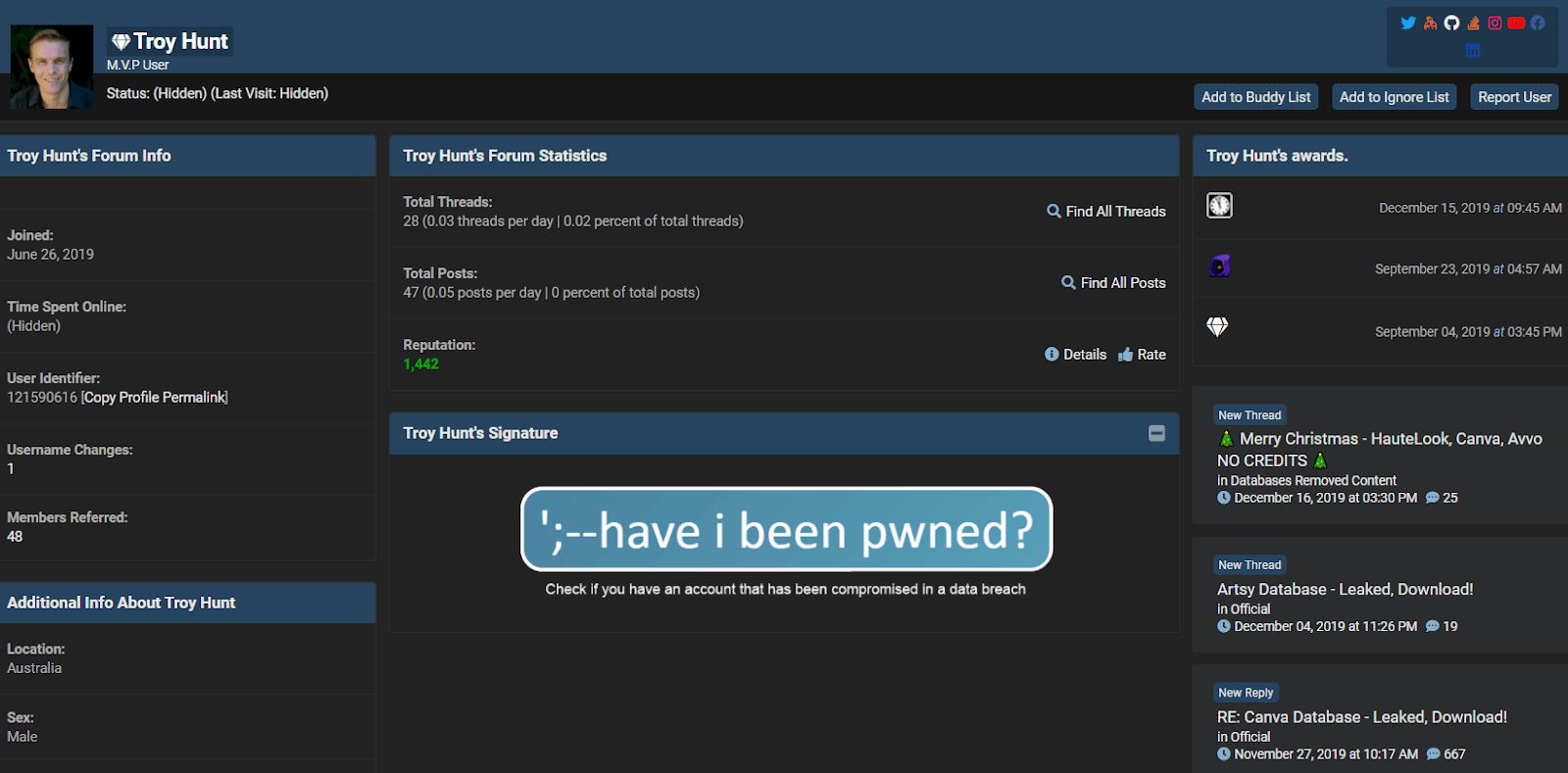 Screenshot of Troy Hunt (aka Jnx3cx) account