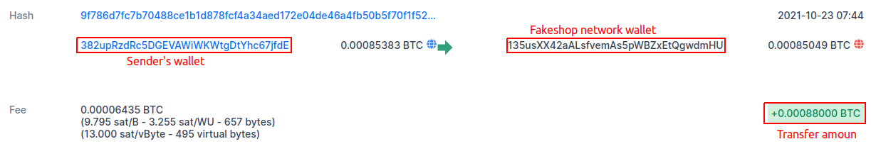 Last transaction in a fake BriansClub Bitcoin wallet screenshot