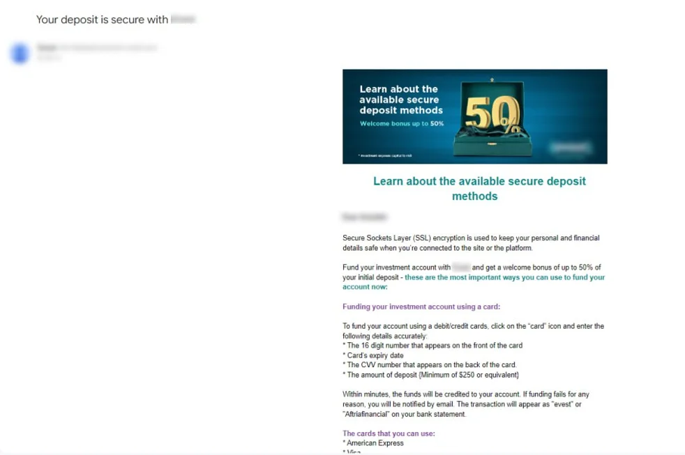 Example of email urging potential victims to invest