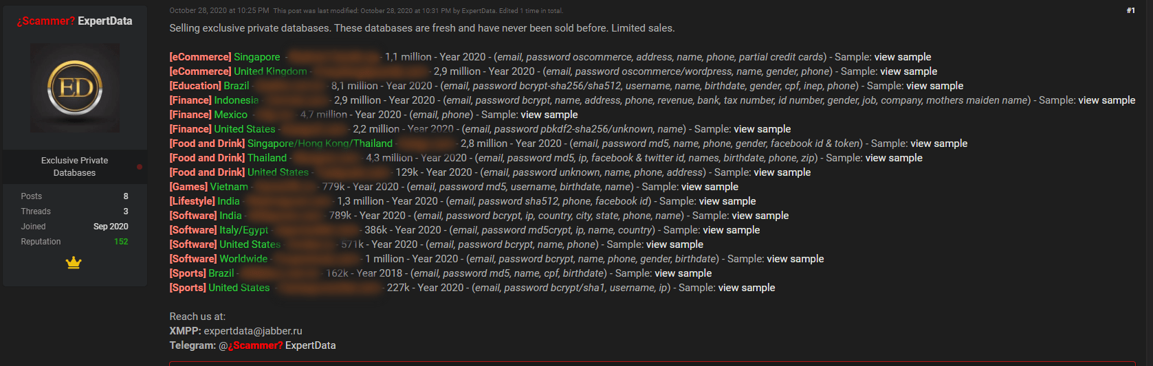 Screenshot of ExpertData's post offering for sale a set of databases