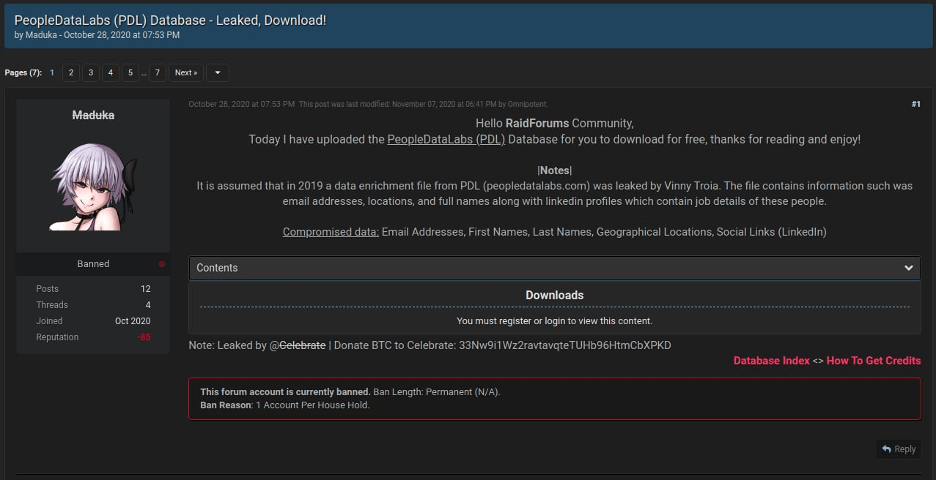 People Data Labs Database offered for free screenshot