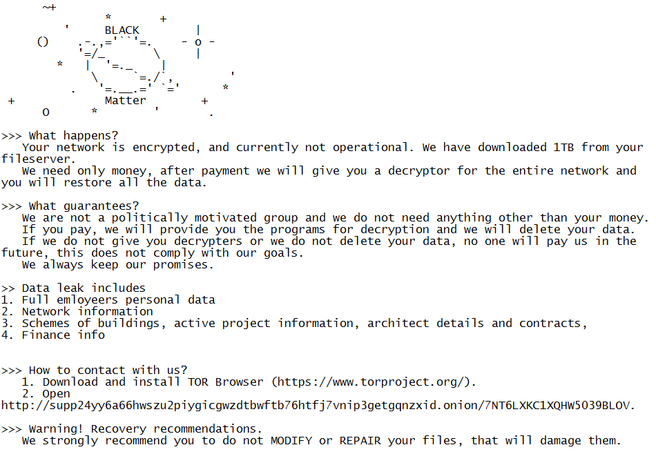 blackmatter ransomware message about encryption