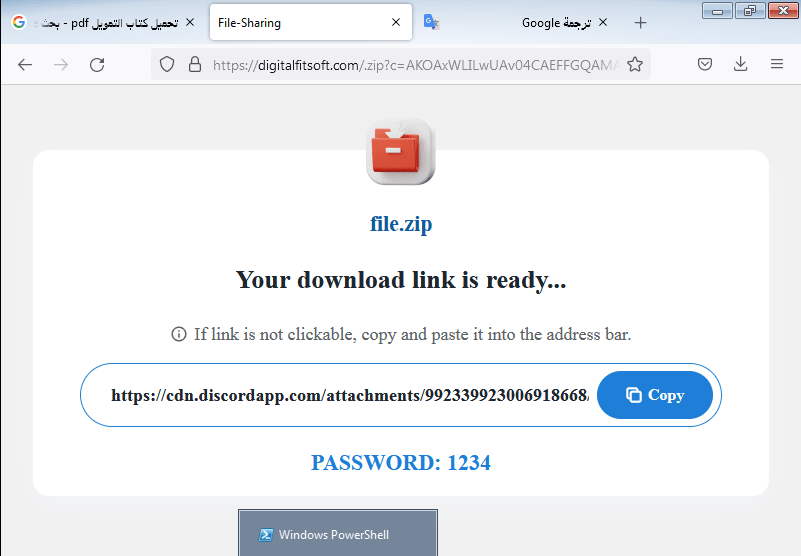 File-sharing page with link to download malicious file