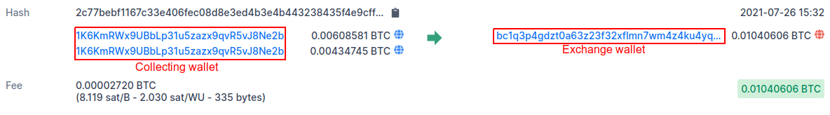 A transfer to a cryptocurrency exchange screenshot