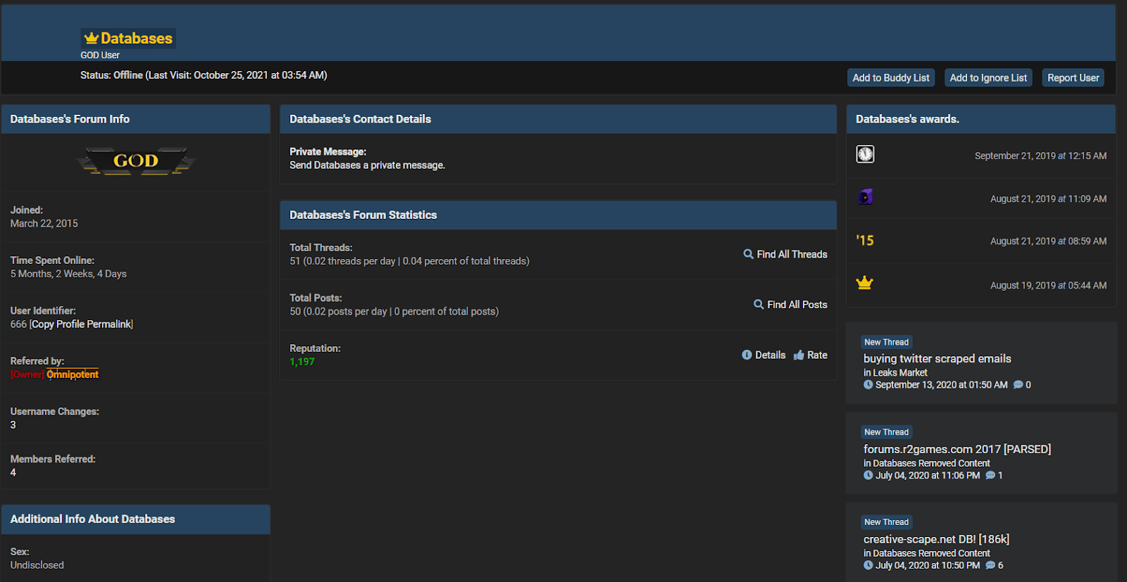 Databases profile on RaidForums