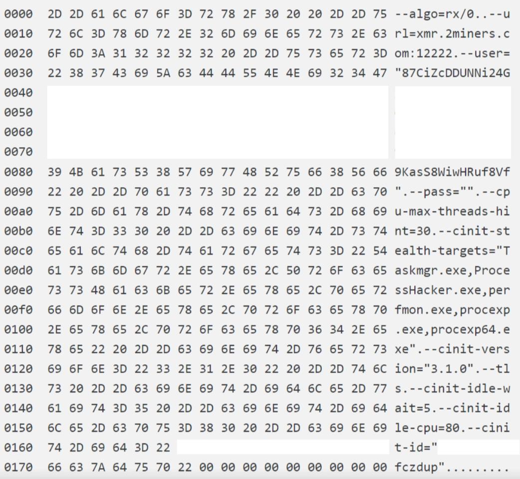 Data in the memory of the cryptocurrency miner process