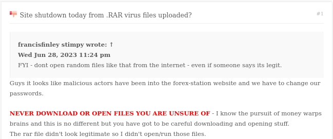 Admin notification of malicious RAR file distribution for forum users