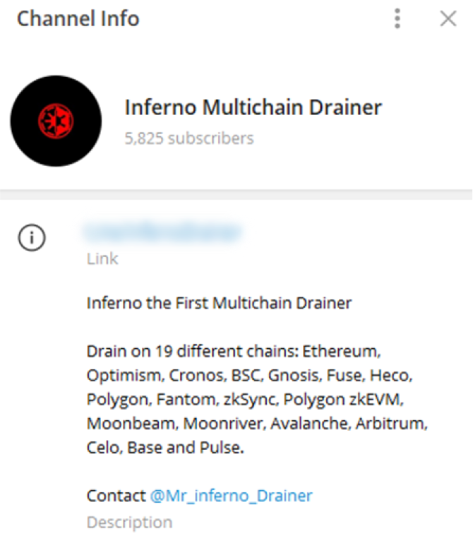 Screenshot showing the description of the Telegram channel Inferno Multichain Drainer