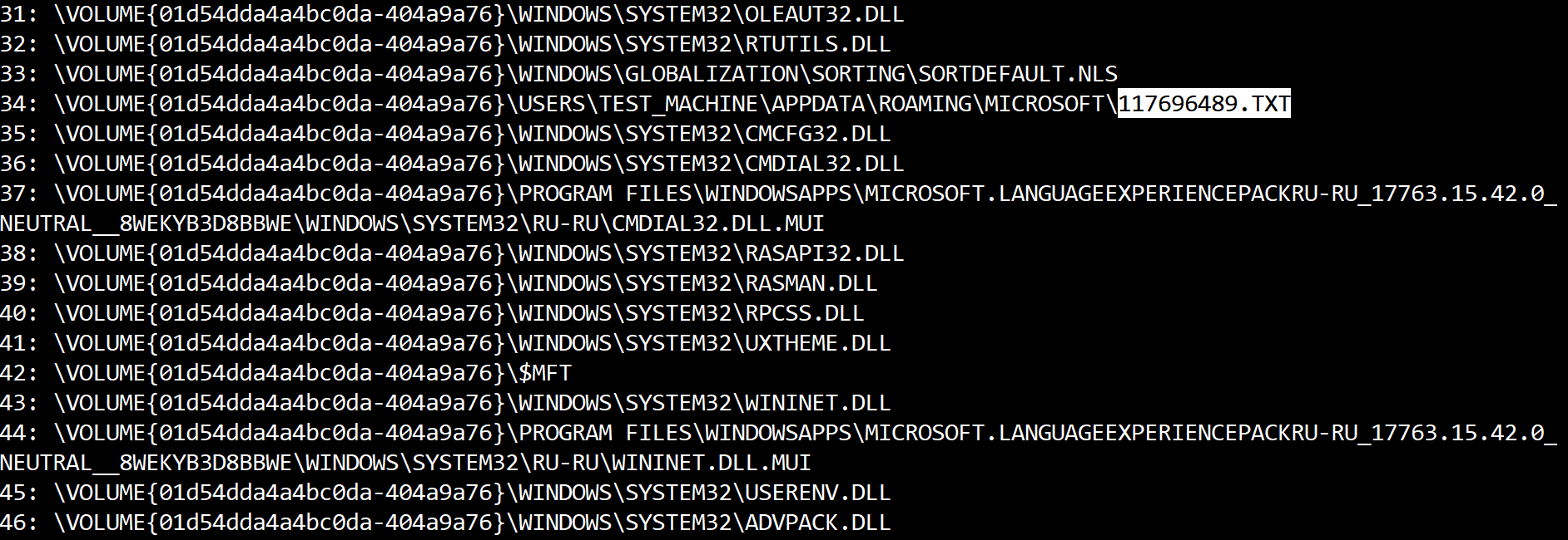 parsed CMSTP.exe's Prefetch file