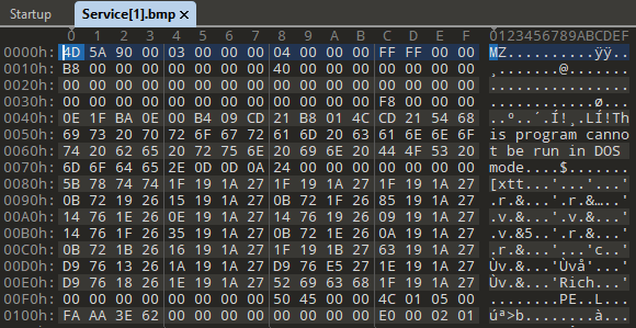 An executable found in one malware bundle in a .bmp extension