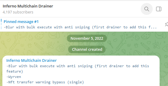 Screenshot of post from Inferno Multichain Drainer Telegram channel